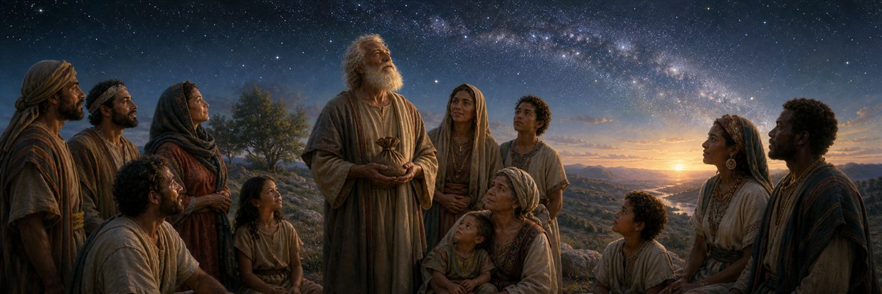 Abraham beneath a vast field of stars with a multigenerational family gathered nearby