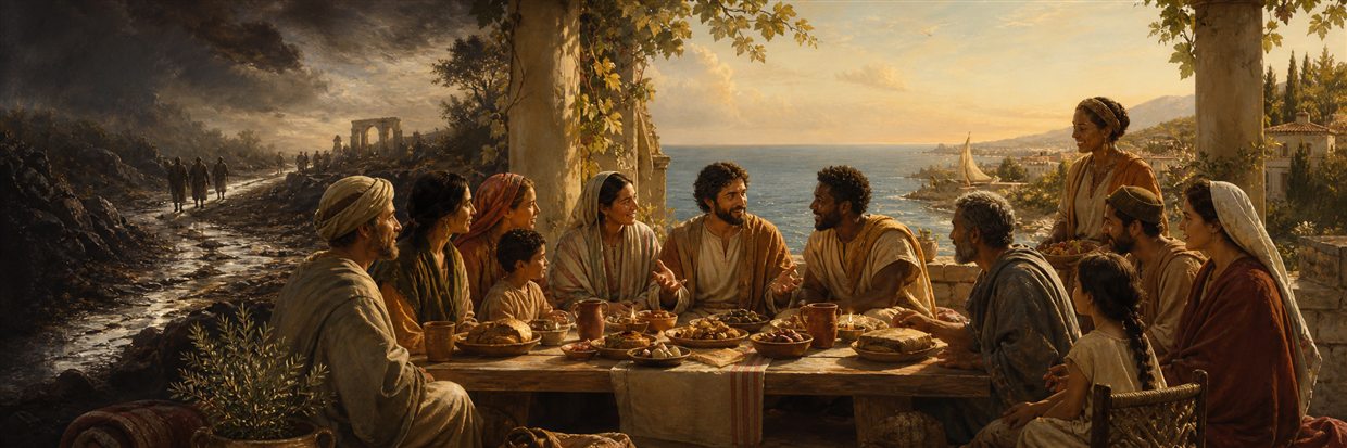 Former strangers sharing a peaceful meal as a dark road gives way to a bright coastal horizon