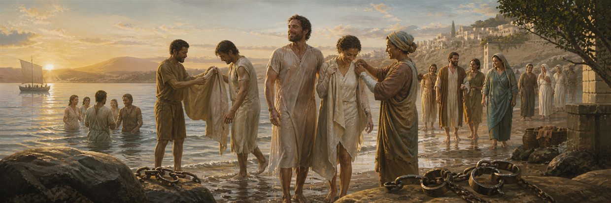 Adults emerging joyfully from baptism at sunrise with empty broken shackles on the shore