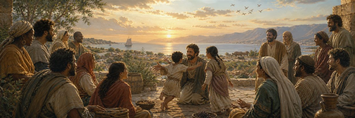 A joyful diverse community welcoming children as creation opens toward a radiant dawn