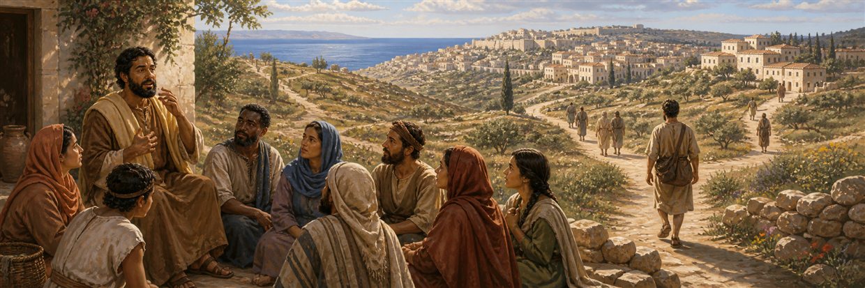 A teacher speaking to an attentive household while messengers walk sunlit roads toward a coastal city