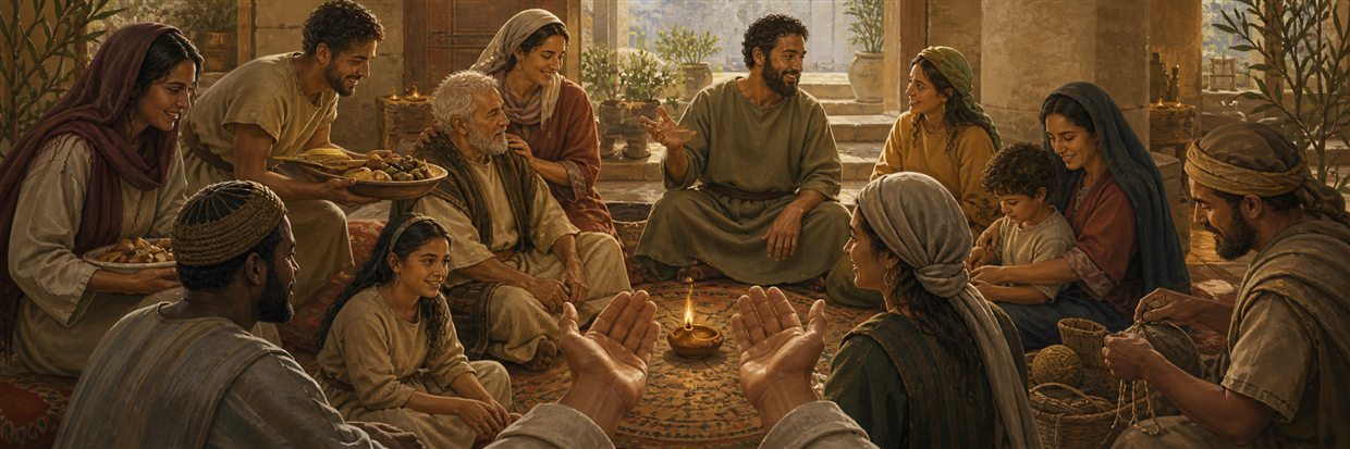 A diverse house church sharing food, teaching children, caring for an elder, and practicing skilled work