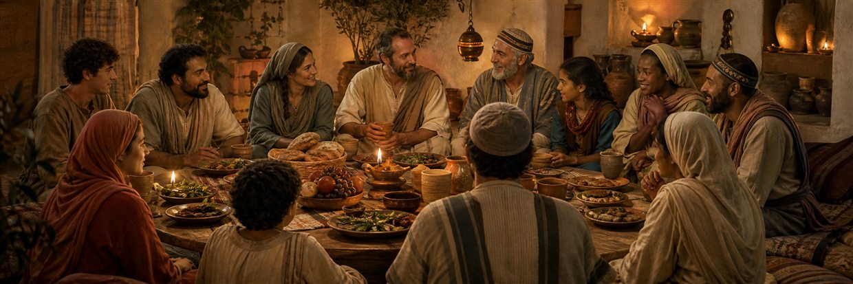 A diverse house church peacefully sharing bread, vegetables, and other foods around a common table