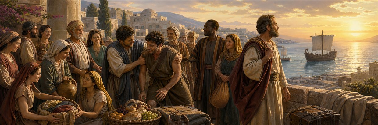 Jewish and Gentile believers helping a tired traveler as a missionary prepares to sail west