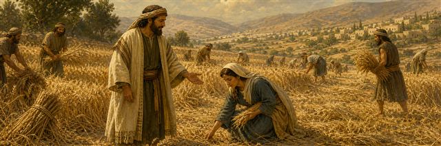 Ruth gleaning barley while Boaz welcomes her among harvesters in his field