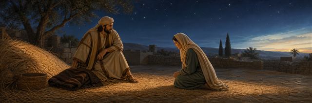 Ruth kneeling respectfully before Boaz on a quiet nighttime threshing floor