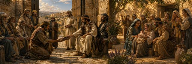 Boaz completing the redemption before Bethlehem’s elders while Naomi holds the infant Obed nearby