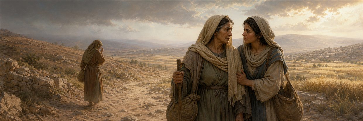 Ruth standing faithfully beside Naomi on the road to Bethlehem as Orpah departs