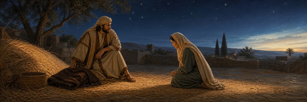 Ruth kneeling respectfully before Boaz on a quiet nighttime threshing floor