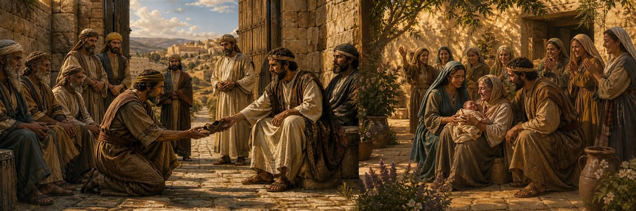 Boaz completing the redemption before Bethlehem’s elders while Naomi holds the infant Obed nearby