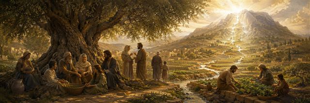 A flourishing olive tree shelters families as clear water flows from a luminous mountain spring into their fields