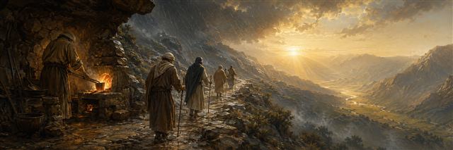 Travelers hold to a mountain path through a storm while a goldsmith tends a refining fire in a nearby shelter