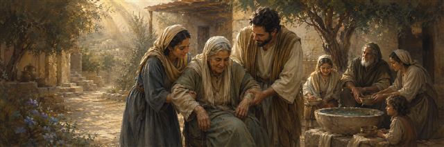 An adult child supports an elderly parent as several generations gather peacefully in a modest courtyard