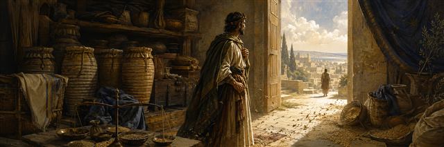 A prosperous merchant pauses beside stored treasure as loose grain scatters and an open sunlit doorway invites return