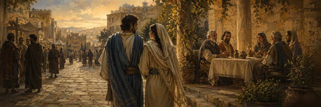 A married couple walks attentively through a busy ancient city toward a table shared with a trusted longtime friend