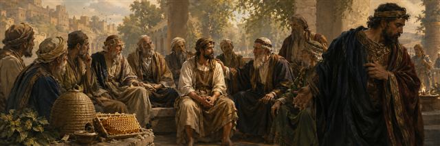 A humble laborer is welcomed among civic elders beside a thriving beehive as a richly dressed boaster stands overlooked