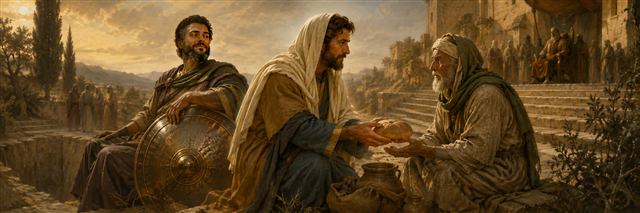 A thoughtful giver offers bread to a humble neighbor while watching a flattering rival beside a rust-stained shield
