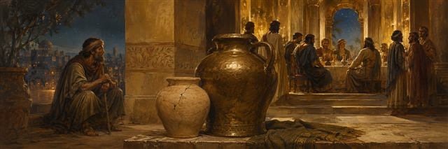 A poor petitioner waits outside a wealthy banquet beside a fragile clay jar pressed against a heavy bronze vessel