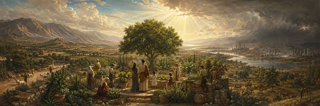 A faithful family tends a flourishing garden as distant ruins and an immense ordered sky suggest mercy and correction
