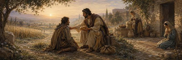 A giver offers bread and gentle comfort to a weary traveler while morning dew brightens the surrounding fields