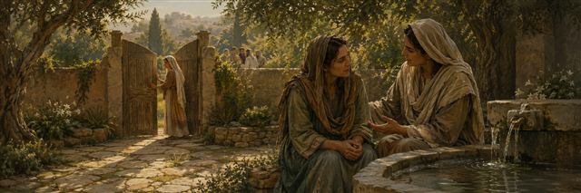 A thoughtful listener refuses a chain of whispers and speaks privately with a friend beside a clear flowing fountain