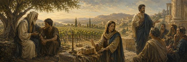 A wise teacher gently corrects a receptive worker as balanced scales stand beside a refused gift and cultivated field