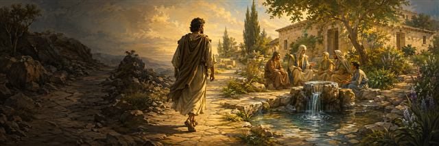 A repentant traveler leaves a dangerous serpent-shadowed path for wise elders gathered beside a clear fountain