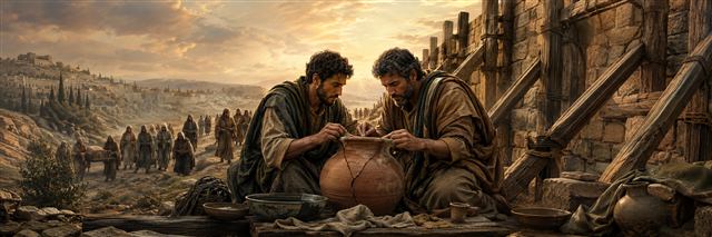 Two friends repair a cracked vessel beside a strongly braced wall as a quiet mourning procession passes in the distance