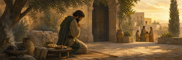 A worshiper kneels at dawn beside cooled coals while a faithful household gathers peacefully in the background