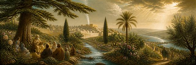 A cedar and fruitful olive shelter an ancient city while a garden stream widens into a river flowing across the land