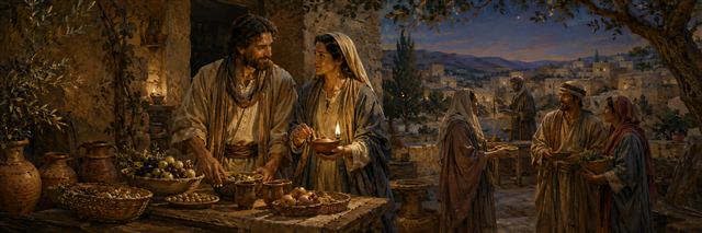 A married couple works together in a peaceful household as a wise woman tends a clear-burning lamp