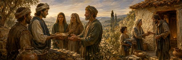 Neighbors exchange a modest loan with mutual trust as a nearby family offers bread, water, clothing, and shelter