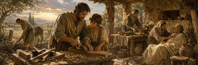 A parent patiently teaches a child a skilled task as the household prepares healthy food and comforts a weary elder