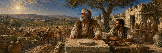 A wise householder observes the seasons while sharing work and food respectfully with family and a dependent laborer