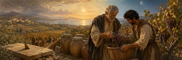 A wise householder gathers grapes with his household and works respectfully beside a fellow laborer beneath an ordered sky