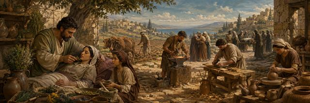 A physician prepares herbs beside a grieving family as farmers, a smith, a carpenter, and a potter practice their crafts