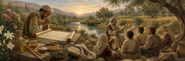 A scholar prays over a blank scroll at dawn as a river nourishes lilies, grain, and a flourishing landscape
