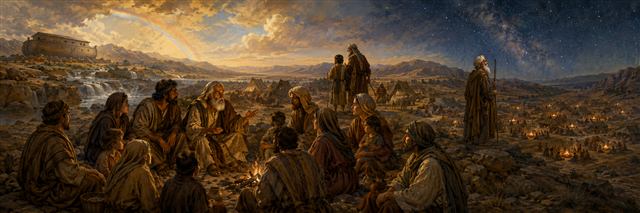 Several generations gather beneath stars and a rainbow while elders recall faithful ancestors and a covenant carried forward