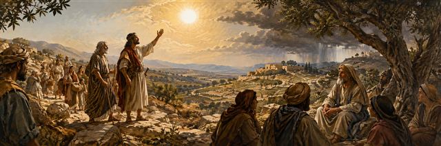 Joshua and an elderly Caleb guide families into fertile hills as Samuel listens impartially to the gathered community