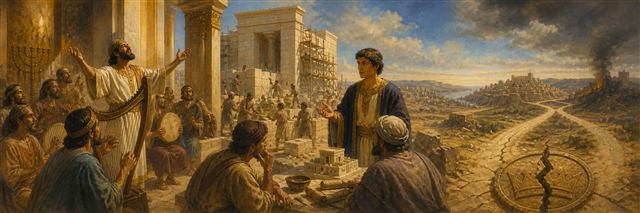 David leads musicians in worship as Solomon oversees peaceful building beside a road dividing toward two distant kingdoms