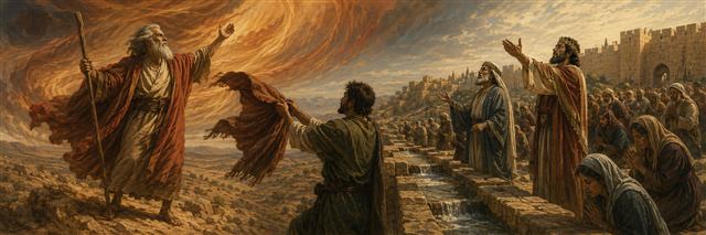 Elijah stands boldly beneath a storm while Elisha, Hezekiah, and Isaiah lead Jerusalem's people in prayer beside flowing water