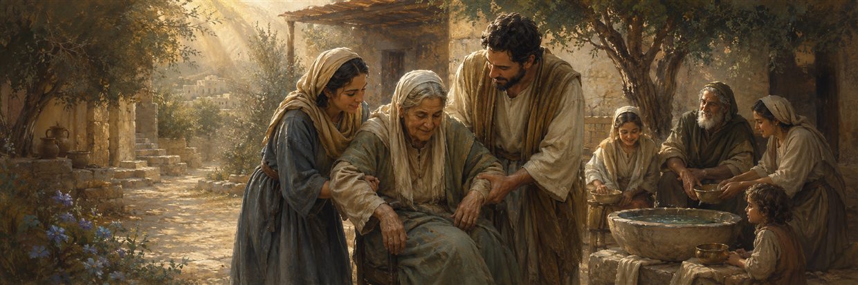 An adult child supports an elderly parent as several generations gather peacefully in a modest courtyard