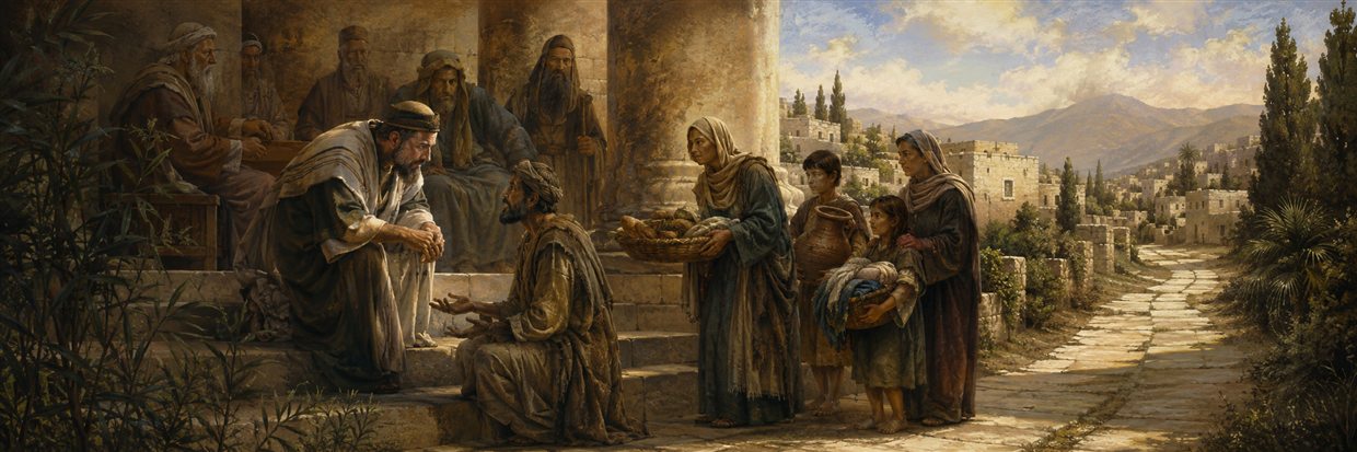 A seated judge listens closely to a poor petitioner as neighbors bring food and support to an orphaned family