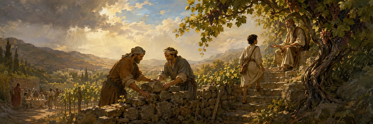 Two faithful friends repair a vineyard wall as a young student approaches a wise elder along well-worn steps
