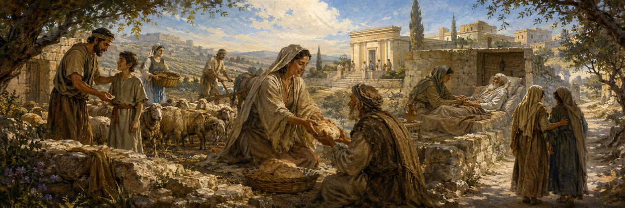 A family works, tends animals, helps a poor neighbor, visits the sick, and gathers for prayer in one village scene