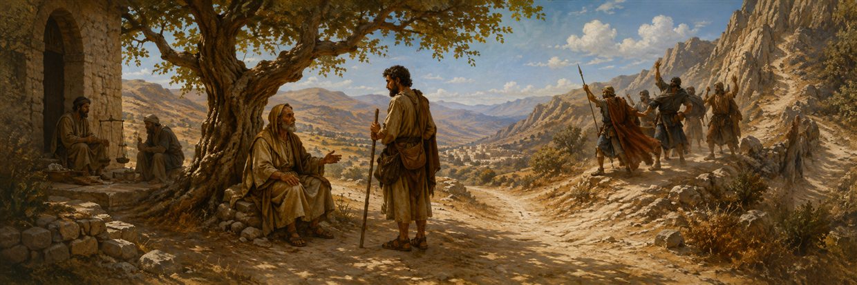A traveler consults a calm elder at a crossroads while angry, powerful, and reckless companions continue down risky paths