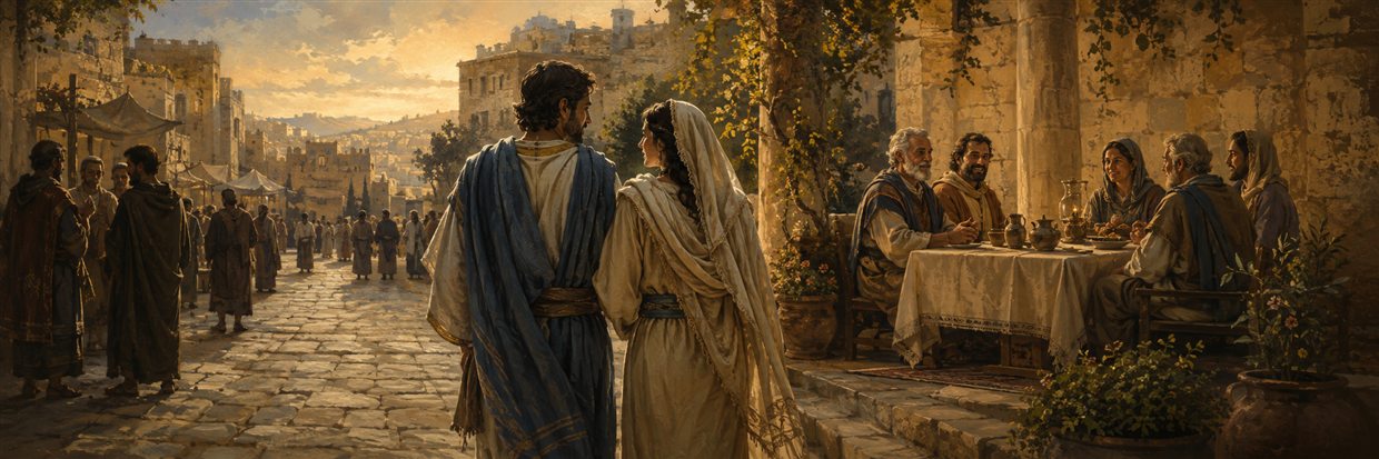 A married couple walks attentively through a busy ancient city toward a table shared with a trusted longtime friend