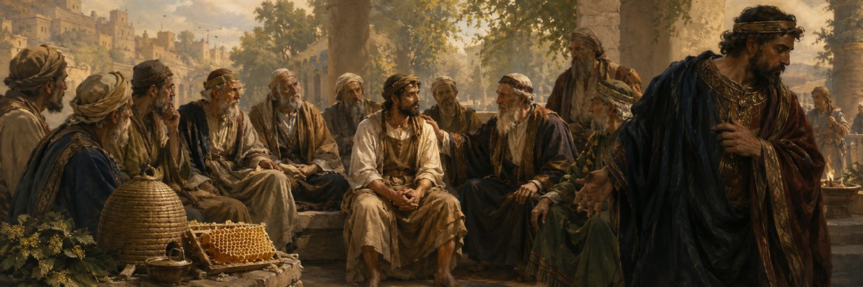 A humble laborer is welcomed among civic elders beside a thriving beehive as a richly dressed boaster stands overlooked