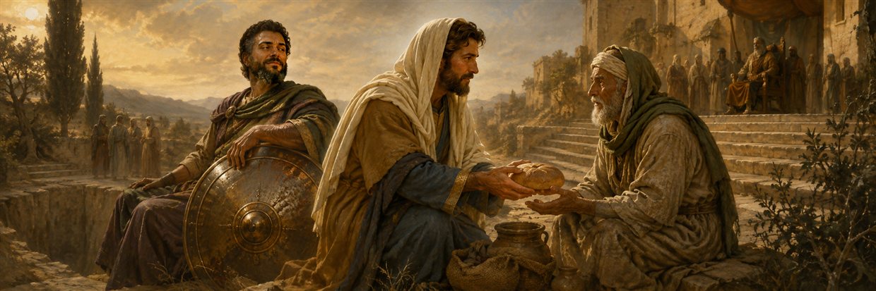 A thoughtful giver offers bread to a humble neighbor while watching a flattering rival beside a rust-stained shield