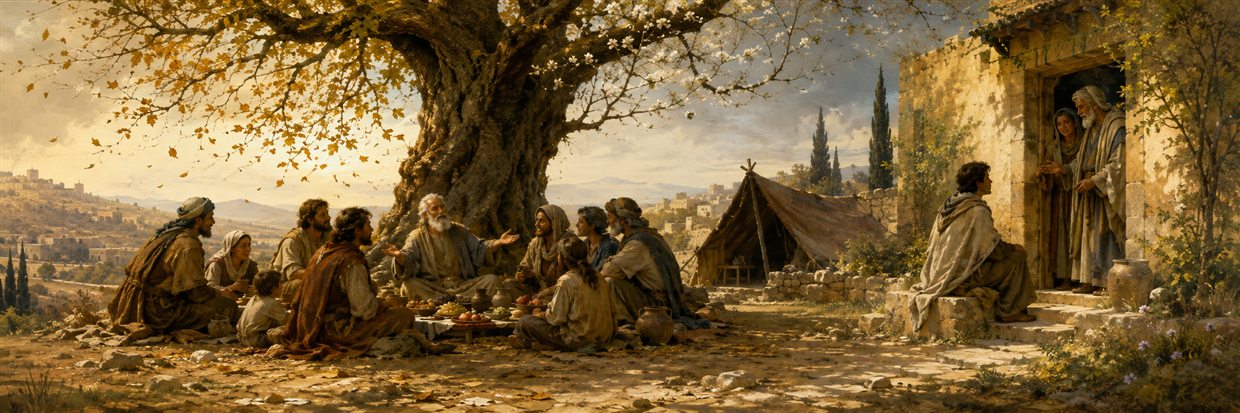 An older householder shares food generously as a young seeker settles beneath the branches beside a welcoming house
